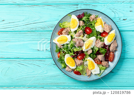 Canned Tuna salad with eggs and tomatoes photography . Top view Canned Tuna salad with eggs and tomatoes photography . Top view 120819786