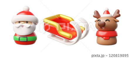 3D illustration of Santa Claus with a reindeer and snow sleigh on a white background. 3D illustration of Santa Claus with a reindeer and snow sleigh on a white background. 120819895