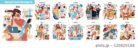 Olympic Gods Synergy AI set. Ancient deities merged with modern technology and artificial intelligence. Myth meets data-driven society in a playful twist. Vector illustration. Olympic Gods Synergy AI set. Ancient deities merged with modern technology and artificial intelligence. Myth meets data-driven society in a playful twist. Vector illustration. 120820188