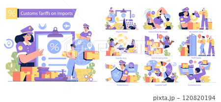 Customs Tariffs on Imports set. Various aspects of import taxation and trade policies. Global trade, revenue collection, anti-dumping measures, and quota systems. Vector illustration. 120820194