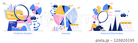 Forecasting set. Exploration of future trends through predictive analytics, seasonal patterns, and historical data analysis. Trend interpretation and strategy planning. Vector illustration. 120820195