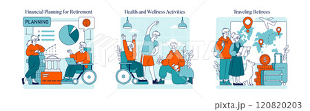 Happy Retirement Life set. Seniors enjoying financial planning, health activities, and globe-trekking experiences. Seamless transition to leisurely golden years. Vector illustration. Happy Retirement Life set. Seniors enjoying financial planning, health activities, and globe-trekking experiences. Seamless transition to leisurely golden years. Vector illustration. 120820203