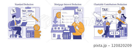 Tax Deduction set. Exploring different types of tax deductions: standard, mortgage interest, and charitable contributions. Financial literacy and planning. Vector illustration. Tax Deduction set. Exploring different types of tax deductions: standard, mortgage interest, and charitable contributions. Financial literacy and planning. Vector illustration. 120820209