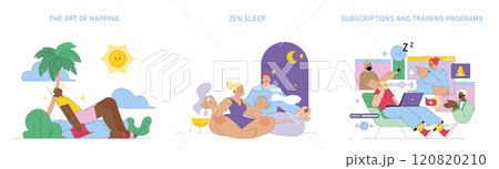 Sleepmaxxing set. Methods for improving rest with napping, Zen sleep practices, and sleep education programs. Vector illustration. 120820210