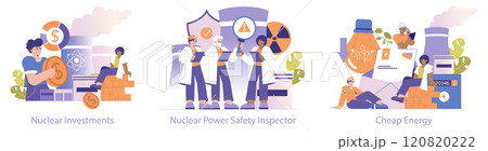 Nuclear Power set. Economic aspects, safety inspection, and affordability visualized. Investment benefits, stringent regulation, and cost-effective solutions are featured. Vector illustration. Nuclear Power set. Economic aspects, safety inspection, and affordability visualized. Investment benefits, stringent regulation, and cost-effective solutions are featured. Vector illustration. 120820222