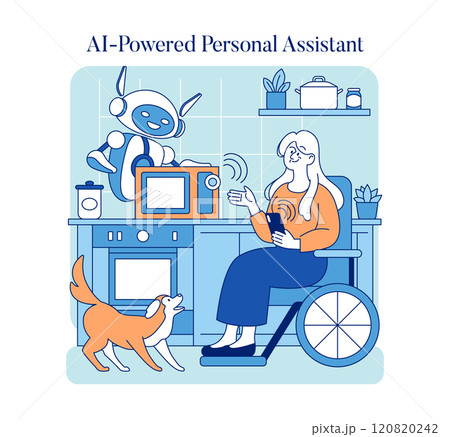 Adaptive technology concept. A person in a wheelchair interacting with an AI robot at home, showcasing assistive tech for disabilities. Vector illustration. 120820242