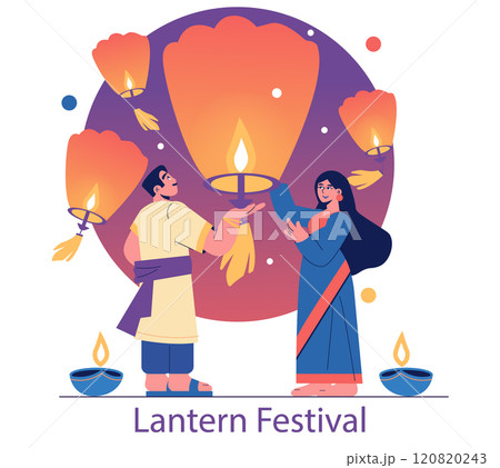 Diwali celebration vector illustration. Indian couple with traditional lanterns enjoying the Festival of Lights. Culture, tradition, and festive spirit captured. Vector illustration. 120820243