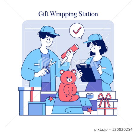 Gift Wrapping Station concept. Employees prepare presents at a station with festive enthusiasm. Service, teamwork, and holiday preparation scene. Vector illustration. Gift Wrapping Station concept. Employees prepare presents at a station with festive enthusiasm. Service, teamwork, and holiday preparation scene. Vector illustration. 120820254