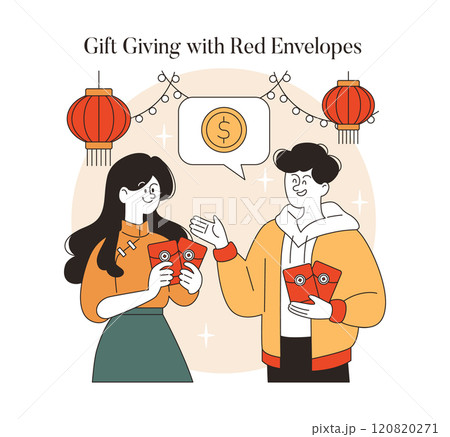 Lunar New Year concept. Two people sharing red envelopes for good fortune and prosperity. Traditional exchanges celebrating Asian culture. Vector illustration. 120820271