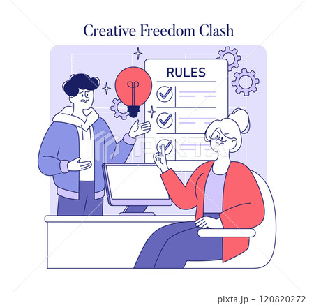 Workplace Dispute concept. Two office colleagues in a tension-filled discussion over rules and creative ideas. Conflict at work, resolution challenge. Vector illustration. Workplace Dispute concept. Two office colleagues in a tension-filled discussion over rules and creative ideas. Conflict at work, resolution challenge. Vector illustration. 120820272