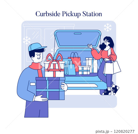 Curbside pickup station concept. Busy holiday shopping with contactless gift collection. Safe retail service during festive season. Vector illustration. 120820277