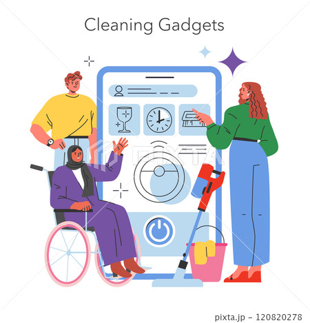 House cleaning concept. Diverse people with modern cleaning gadgets interacting with a large smartphone interface. Inclusive home cleanliness technology. Vector illustration. House cleaning concept. Diverse people with modern cleaning gadgets interacting with a large smartphone interface. Inclusive home cleanliness technology. Vector illustration. 120820278