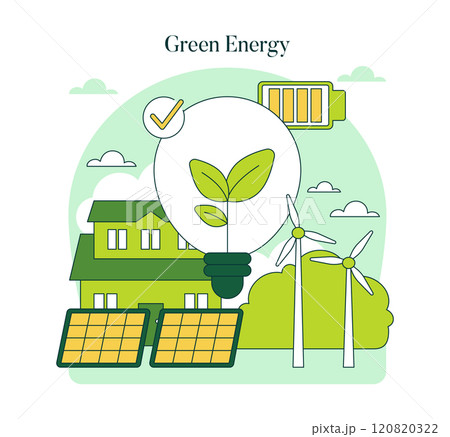 Green Energy concept. Illustration of renewable power with solar panels, wind turbines and an eco-friendly house. Sustainable living and clean energy sources. Vector illustration. 120820322