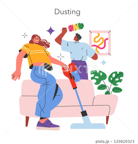 House Cleaning concept. Two people engage in dusting and vacuuming activities in a cozy living room setting. Maintaining a clean and sparkling home environment. Vector illustration. 120820323