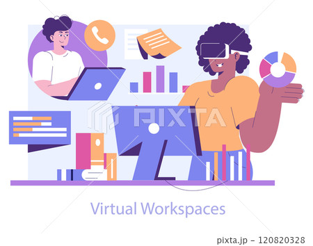 Immersive Reality concept. Professionals engaging in virtual workspaces with advanced technology. Remote collaboration through VR interface. Vector illustration. 120820328