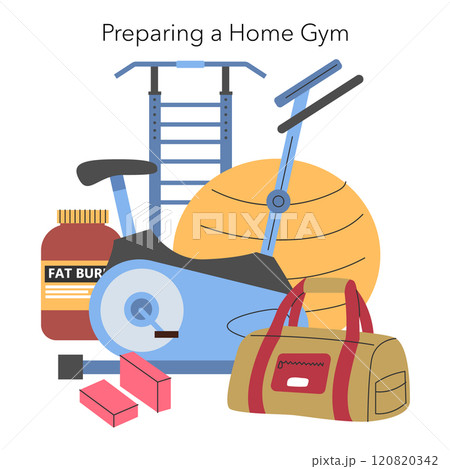 Home Gym Setup concept. A collection of fitness equipment for workouts at home. Exercise bike, weights, and yoga ball for health and fitness routines. Vector illustration. 120820342