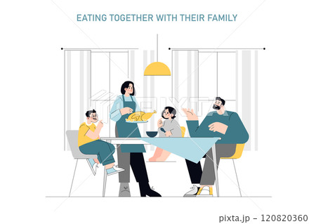 Family mealtime concept. A warm scene of four family members enjoying a meal together at home. Domestic harmony and food bonding moments. Vector illustration. Family mealtime concept. A warm scene of four family members enjoying a meal together at home. Domestic harmony and food bonding moments. Vector illustration. 120820360