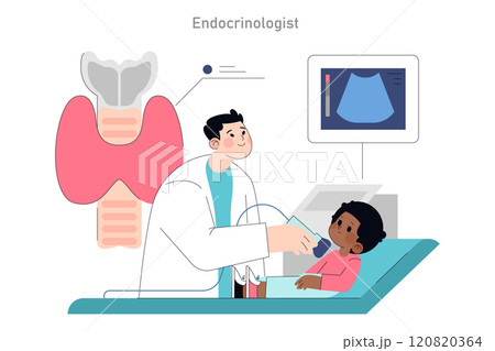 Pediatric Endocrinologist Visit concept. A doctor examining a child's thyroid gland with an ultrasound machine. Health care and medical examination. Vector illustration. 120820364