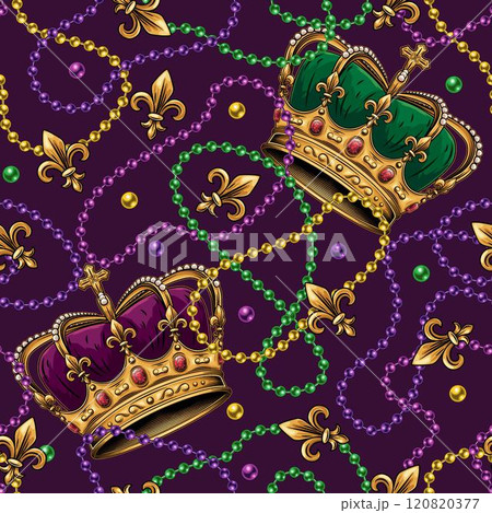 Seamless Mardi Gras pattern with imperial crown, randomly scattered Fleur de Lis sign, beads, interlaced strings of beads on dark purple background. Vintage illustration for holiday, party design Seamless Mardi Gras pattern with imperial crown, randomly scattered Fleur de Lis sign, beads, interlaced strings of beads on dark purple background. Vintage illustration for holiday, party design 120820377
