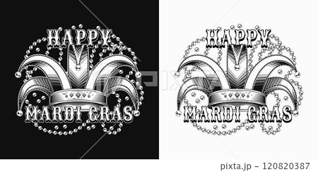 Mardi Gras black and white emblem with jester harlequin tomfool hat, intertwined interlaced strings of beads, text. Holiday composition in vintage style. 120820387