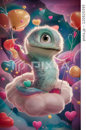 cute funny vibrant colorful monster swinging on pink cloud. Digital illustration. Ai generated 120820395