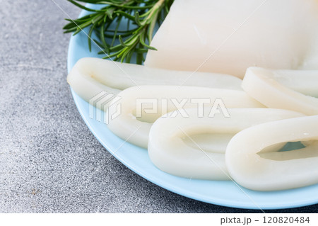 Squid tube and ring photography . Seafood top view 120820484