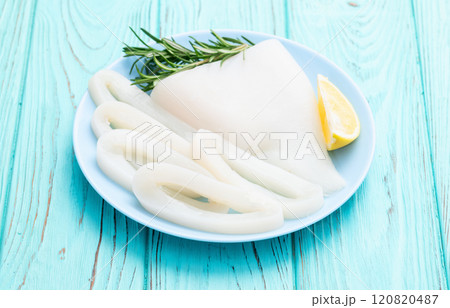 Squid tube and ring photography . Seafood top view 120820487