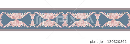Seamless ribbon pattern, beautiful lace vignettes. Decorative border for template in vintage style. Baroque motifs for fabrics and textiles, wallpaper, packaging, frames, ribbons, any creative idea. 120820861
