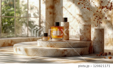 A refined display of glass perfume bottles on minimalist white pedestals with soft natural light and floral accents, creating an elegant aesthetic 120821171