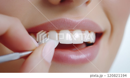 Close-up of veneer application in dental studio for perfect smile and oral health Close-up of veneer application in dental studio for perfect smile and oral health 120821194