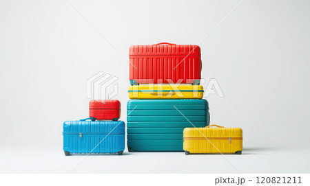 Brightly colored suitcases stack for travel inspiration and design 120821211