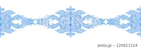 Blue seamless ribbon pattern, beautiful lace vignettes. Decorative border for template in vintage style. Baroque motifs for fabrics and textiles, wallpaper, packaging, frames, ribbons, creative idea. 120821524