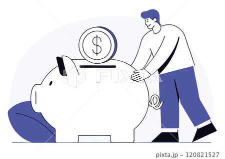 Man put gold coin in piggy bank. Payment savings concept design. Vector flat illustration 120821527