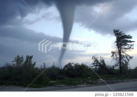 Tornado going over landscape destroying everything on it's way 120821566