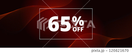 65 off sale banner. Abstract red glowing wavy lines on black wide background. 65 percent off holiday sale discount 120821670