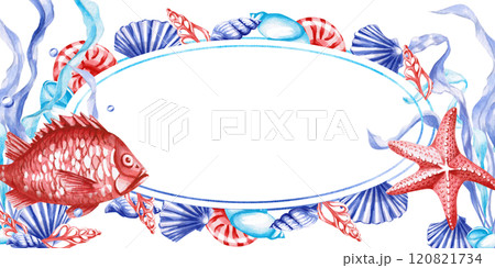 Oval frame with fish and starfish on the sea theme. Isolated watercolor illustration, blank for a postcard, for designing invitations to a sea holiday, birthday. Oval frame with fish and starfish on the sea theme. Isolated watercolor illustration, blank for a postcard, for designing invitations to a sea holiday, birthday. 120821734