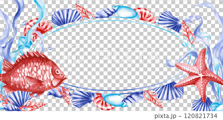 Oval frame with fish and starfish on the sea theme. Isolated watercolor illustration, blank for a postcard, for designing invitations to a sea holiday, birthday. Oval frame with fish and starfish on the sea theme. Isolated watercolor illustration, blank for a postcard, for designing invitations to a sea holiday, birthday. 120821734