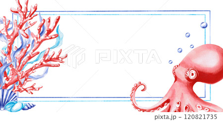 Rectangular frame with corals and octopus on the theme of the sea. Isolated watercolor illustration, blank for a postcard, for the design of invitations to a sea holiday, birthday. 120821735