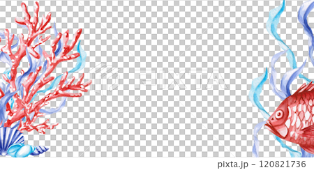 Rectangular frame with corals and fish on the sea theme. Isolated watercolor illustration, blank for a postcard, for designing invitations to a sea holiday, birthday. 120821736