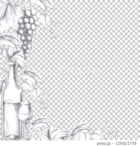 Square frame with a bottle of wine, a glass and bunches of grapes. Isolated pencil illustration in a realistic style for the design of postcards, bar card, juices, menu design. 120821738