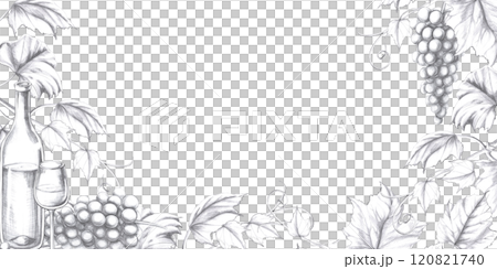 Rectangular frame with a bottle of wine and a glass. Isolated pencil illustration in a realistic style for the design of postcards, bar menu, alcoholic products, juices, cookbooks, menu design. Rectangular frame with a bottle of wine and a glass. Isolated pencil illustration in a realistic style for the design of postcards, bar menu, alcoholic products, juices, cookbooks, menu design. 120821740