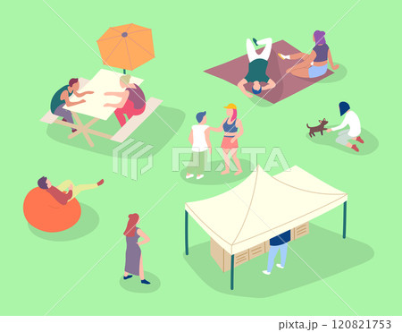 Cartoon Color Characters People Sitting on Lawn Picnic Concept Flat Design Style. Vector illustration of Outdoor Summer Leisure 120821753