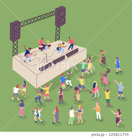 Cartoon Color Popular Band on Stage and Crowd Dancing Around 3d Isometric View Music Festival Concept. Vector illustration of Characters People Musicians 120821754
