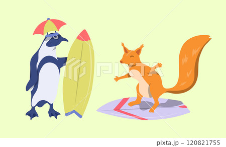 Cartoon Color Characters Animal Penguin and Squirrel Surfers Set Summer Vacation Activity Surfboarding Concept Flat Design Style. Vector illustration 120821755
