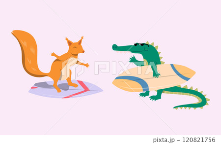 Cartoon Color Characters Animal Crocodile and Squirrel Surfers Set Summer Vacation Activity Surfboarding Concept Flat Design Style. Vector illustration 120821756