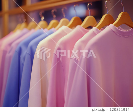 Colorful sweaters hanging in a store 120821914