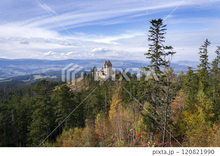 Medieval Kasperk Castle in southwestern Bohemia, Czech Republic, sunny autumn day, Plzen region, Sumava range 120821990