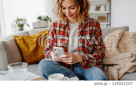 Young Woman Relaxing and Using Smartphone Young Woman Relaxing and Using Smartphone 120822107