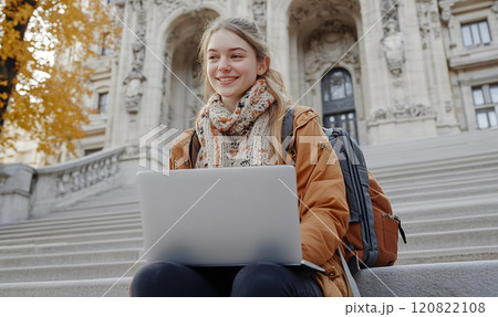 Young Woman Studying on Steps with Laptop Young Woman Studying on Steps with Laptop 120822108