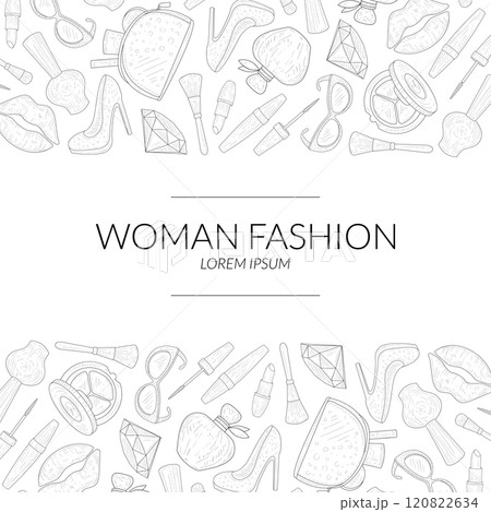 Woman Fashion Banner Template with Beauty Elements, Makeup Products, Cosmetics Hand Drawn Vector Illustration 120822634